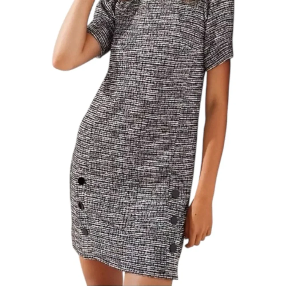 LOFT Tweed Button Shift Dress Black White Detail Short Sleeve Classic 6 - Picture 9 of 9